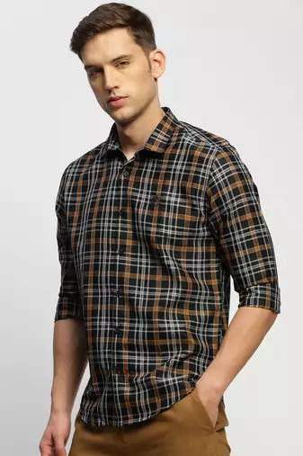 men's long sleeves tartan checks black shirt