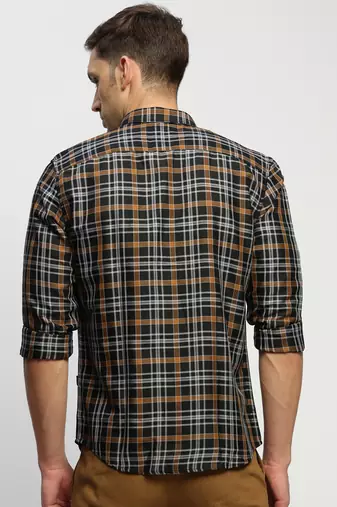 men's long sleeves tartan checks black shirt