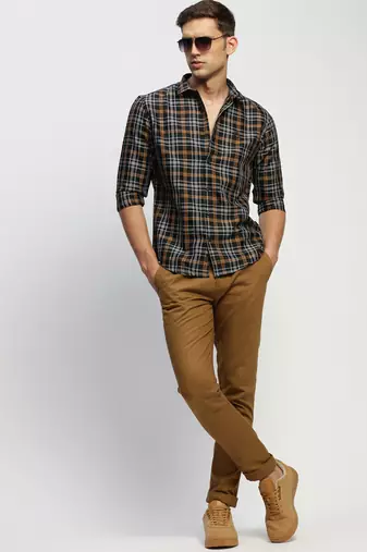 men's long sleeves tartan checks black shirt
