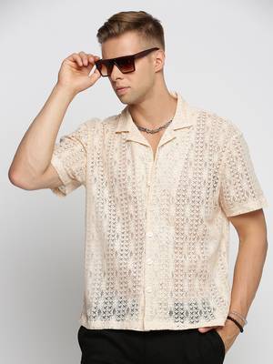 men's short sleeves solid cream crochet sheer shirt 1