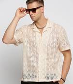 men's short sleeves solid cream crochet sheer shirt