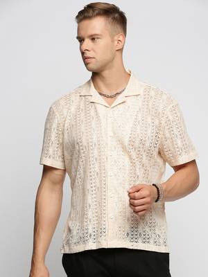 men's short sleeves solid cream crochet sheer shirt 2