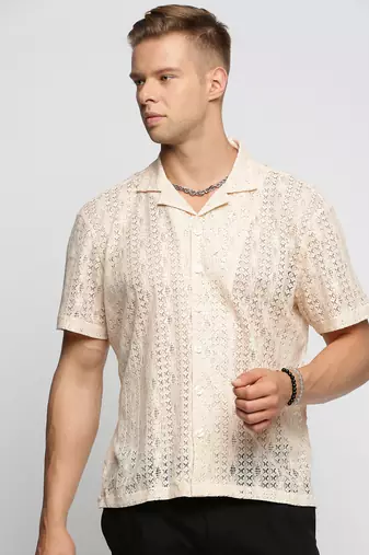 men's short sleeves solid cream crochet sheer shirt