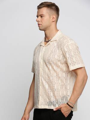 men's short sleeves solid cream crochet sheer shirt 3