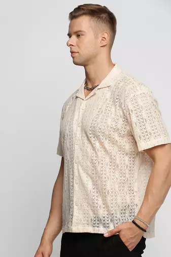 men's short sleeves solid cream crochet sheer shirt