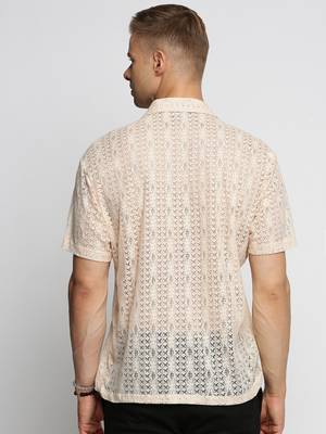 men's short sleeves solid cream crochet sheer shirt 4