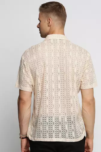 men's short sleeves solid cream crochet sheer shirt