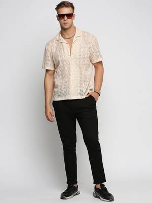 men's short sleeves solid cream crochet sheer shirt 5