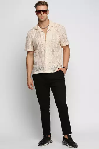 men's short sleeves solid cream crochet sheer shirt