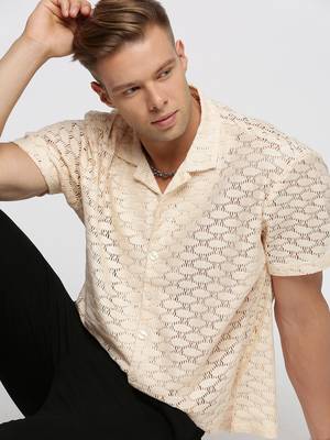 men's short sleeves solid cream crochet sheer shirt 1