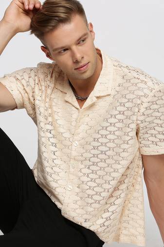men's short sleeves solid cream crochet sheer shirt