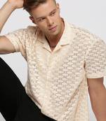 men's short sleeves solid cream crochet sheer shirt