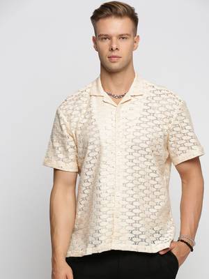 men's short sleeves solid cream crochet sheer shirt 2
