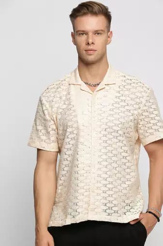 men's short sleeves solid cream crochet sheer shirt