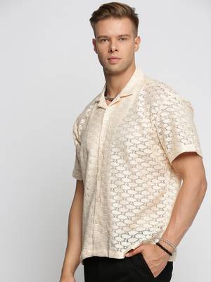 men's short sleeves solid cream crochet sheer shirt 3