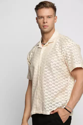 men's short sleeves solid cream crochet sheer shirt