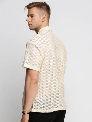 men's short sleeves solid cream crochet sheer shirt 4