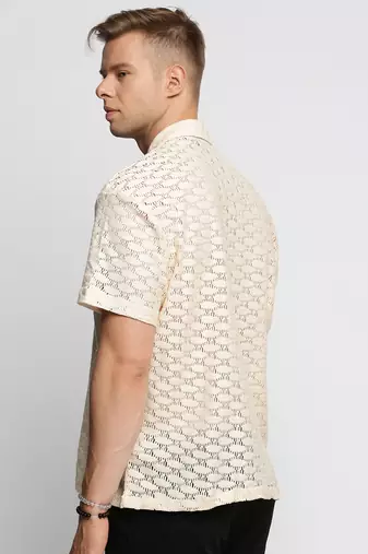 men's short sleeves solid cream crochet sheer shirt