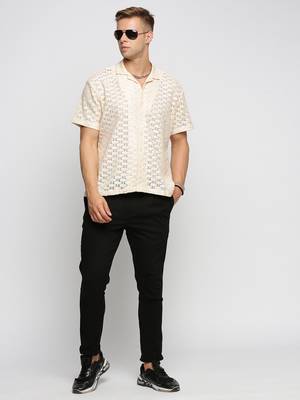 men's short sleeves solid cream crochet sheer shirt 5