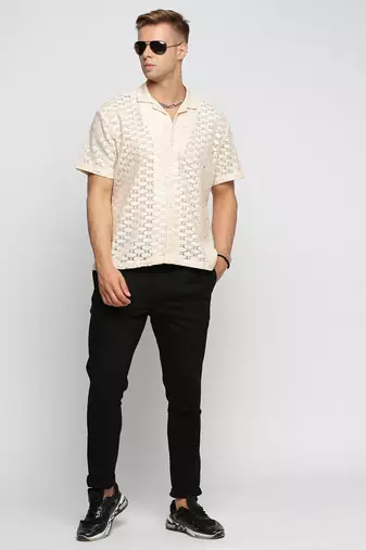 men's short sleeves solid cream crochet sheer shirt