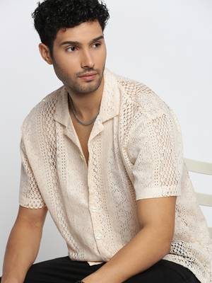 men's short sleeves solid cream crochet sheer shirt 1