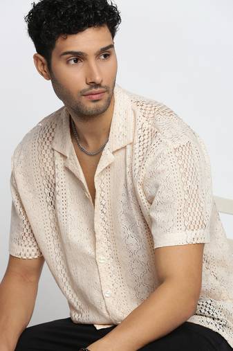 men's short sleeves solid cream crochet sheer shirt