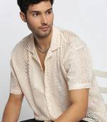 men's short sleeves solid cream crochet sheer shirt