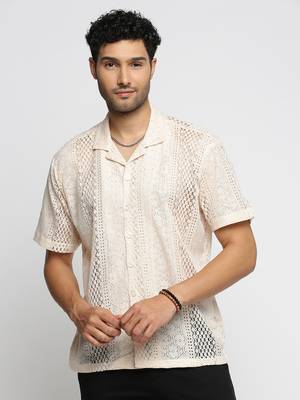 men's short sleeves solid cream crochet sheer shirt 2