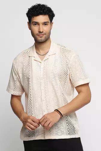men's short sleeves solid cream crochet sheer shirt