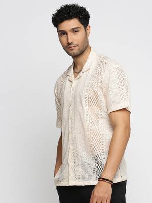 men's short sleeves solid cream crochet sheer shirt 3