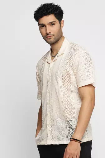 men's short sleeves solid cream crochet sheer shirt