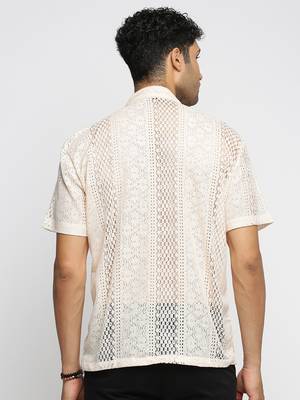 men's short sleeves solid cream crochet sheer shirt 4