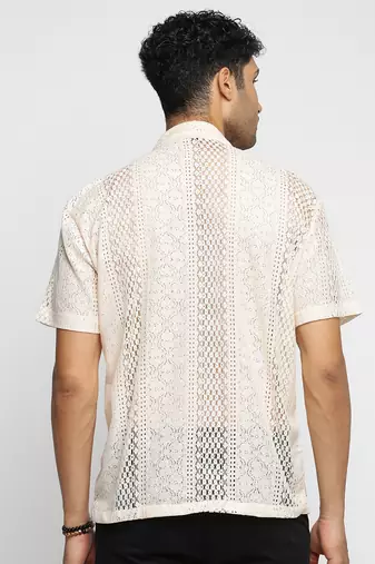 men's short sleeves solid cream crochet sheer shirt