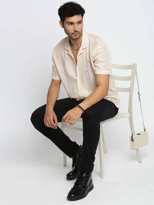 men's short sleeves solid cream crochet sheer shirt 5