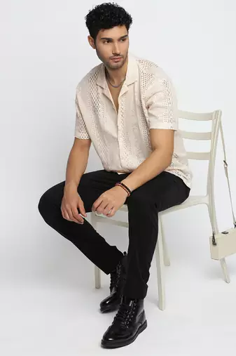 men's short sleeves solid cream crochet sheer shirt