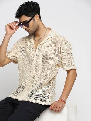 men's short sleeves solid cream crochet sheer shirt 1