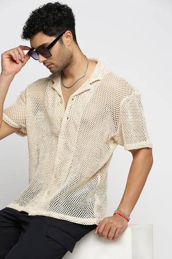 men's short sleeves solid cream crochet sheer shirt
