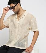 men's short sleeves solid cream crochet sheer shirt