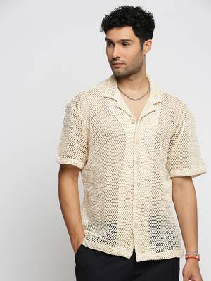 men's short sleeves solid cream crochet sheer shirt 2