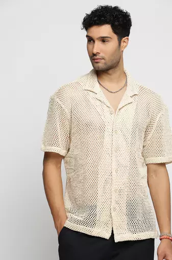 men's short sleeves solid cream crochet sheer shirt