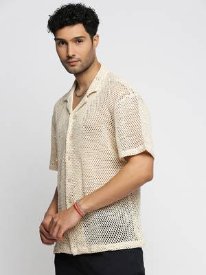 men's short sleeves solid cream crochet sheer shirt 3