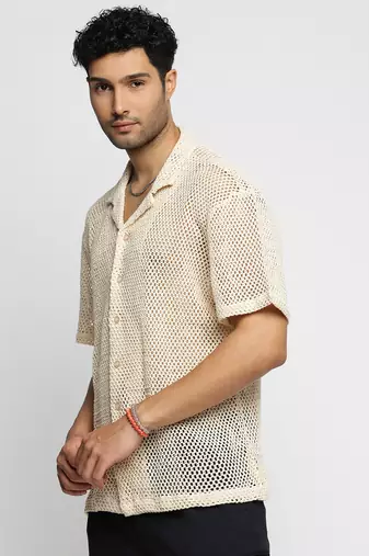 men's short sleeves solid cream crochet sheer shirt