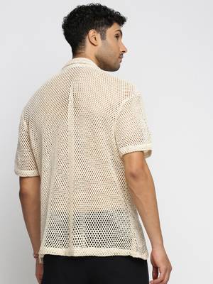 men's short sleeves solid cream crochet sheer shirt 4