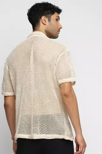 men's short sleeves solid cream crochet sheer shirt