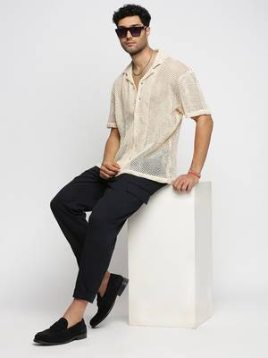 men's short sleeves solid cream crochet sheer shirt 5