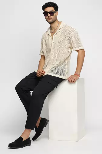 men's short sleeves solid cream crochet sheer shirt