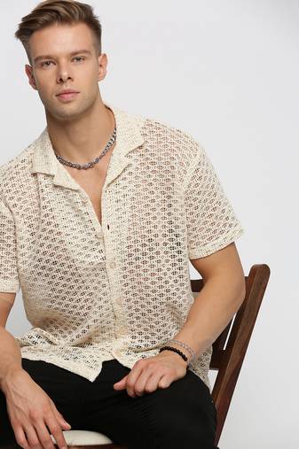 Showoff men's short sleeves solid cream crochet sheer shirt