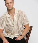 Showoff men's short sleeves solid cream crochet sheer shirt