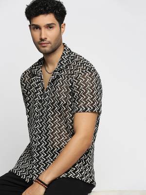 men's short sleeves chevron black crochet sheer shirt 1