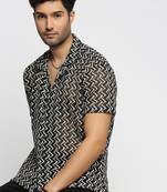 men's short sleeves chevron black crochet sheer shirt